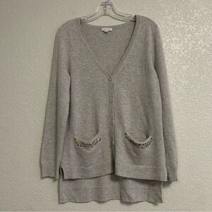 Garnet Hill Cardigan Sweater Womens L Cashmere Beaded Pockets Preppy Grey
